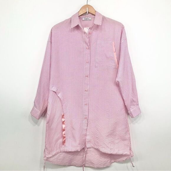 Bislife Pink White Candy Stripe Button Up Drawstring Tunic Top, Mini Dress NEW - Picture 1 of 16